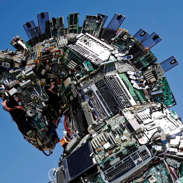 A close-up of the head of a "Cyber Horse", made from thousands of infected computer and cell phone bits, is seen on display at the entrance to the annual Cyberweek conference at Tel Aviv University