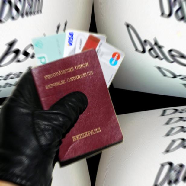 Eine Hand mit Handschuh hält einen österreichischen Reisepass und Kreditkarten vor dem Hintergrund von „Datendiebstahl“.