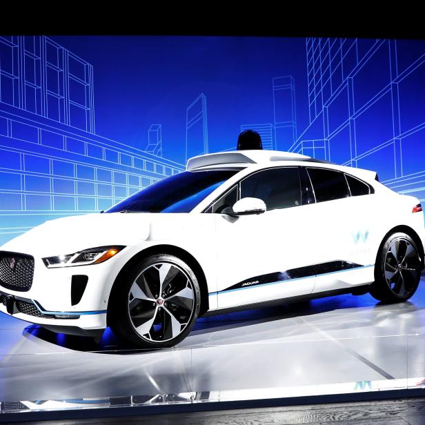 A Jaguar I-PACE self-driving car is pictured during its unveiling by Waymo in the Manhattan borough of New York City