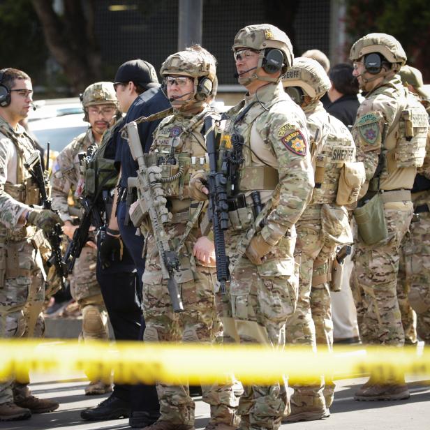 San Mateo County SWAT team officers are seen near Youtube headquarters following an active shooter situation in San Bruno, California