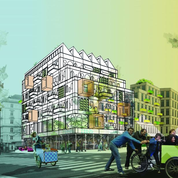 Eine Gruppe von Menschen schiebt ein Lastenfahrrad mit Passagieren vor einem Gebäude in der Stadt.