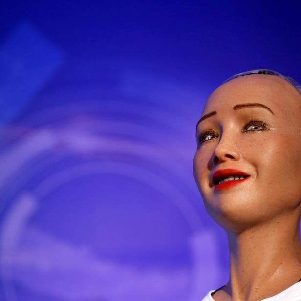 Sophia, a robot with Saudi Arabian citizenship, interacts during the innovation fair in Kathmandu, Nepal