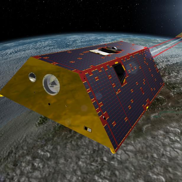 Eine Illustration eines Satelliten über der Erde, der Laserstrahlen zu einem anderen Satelliten sendet.