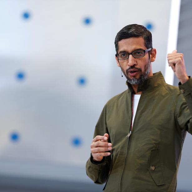 Google CEO Sundar Pichai speaks on stage during the annual Google I/O developers conference in Mountain View