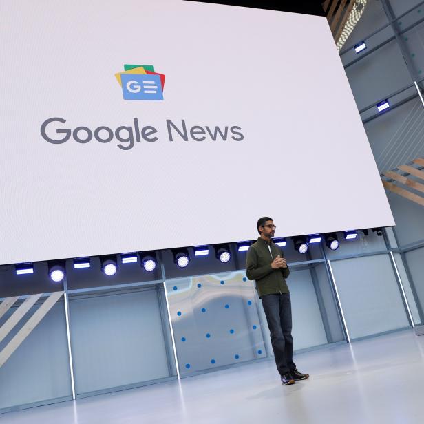 Google CEO Sundar Pichai speaks on stage during the annual Google I/O developers conference in Mountain View