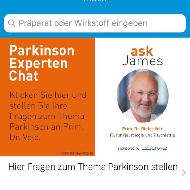 App-Oberfläche mit Informationen zum Parkinson-Experten-Chat und Prim. Dr. Dieter Volc.