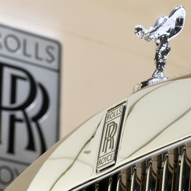 The Rolls-Royce logo and The Spirit of Ecstasy hood ornament are seen during the first press day ahead of the 85th International Motor Show in Geneva