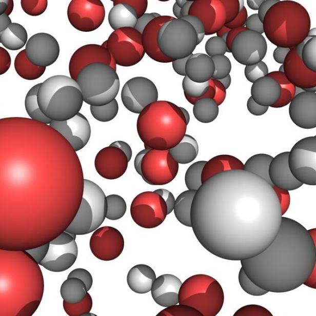 Eine 3D-Darstellung von roten und grauen Molekülen auf weißem Hintergrund.