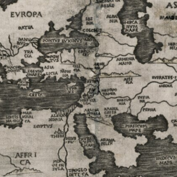 Eine historische Karte von Europa, Asien und Afrika.