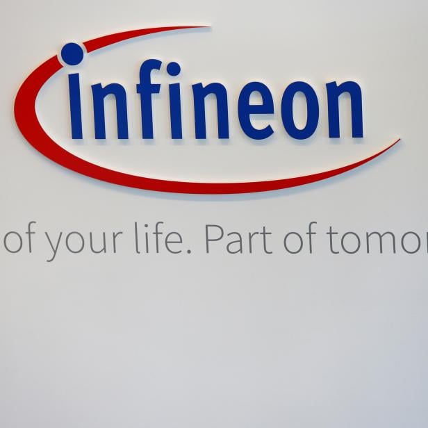 Logo of German semiconductor manufacturer Infineon is pictured before annual news conference in Munich