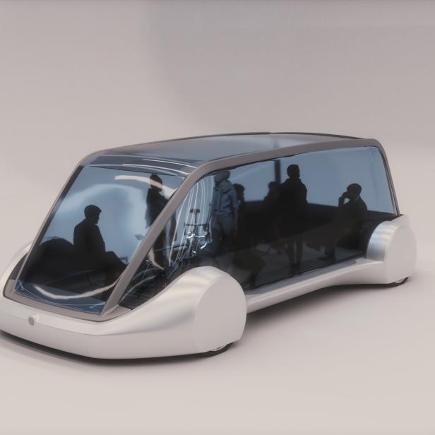 Ein futuristisches, selbstfahrendes Fahrzeug mit Passagieren an Bord.