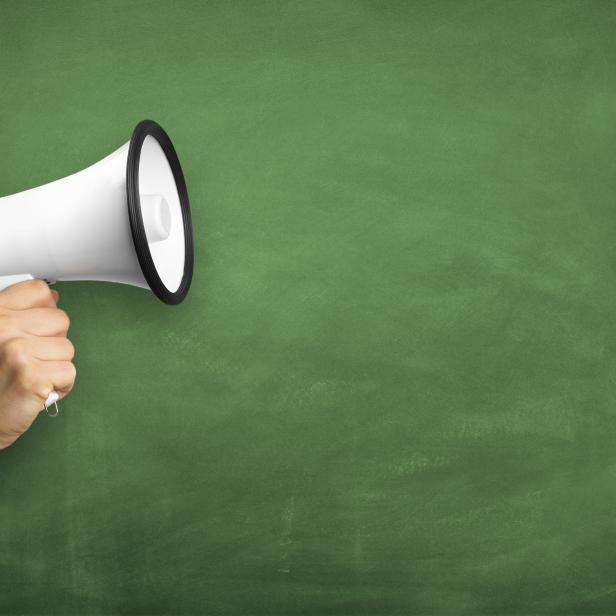 Eine Hand hält ein Megaphon vor einer grünen Tafel.