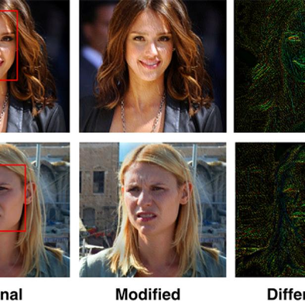 Vergleich von Original-, modifiziertem und Differenzbild von zwei Frauen.