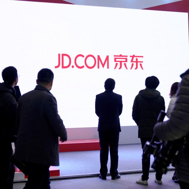 A JD.com sign is seen during the fourth World Internet Conference in Wuzhen