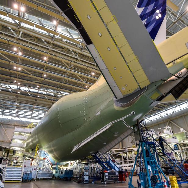 TOPSHOT-FRANCE-ECONOMY-INDUSTRY-TRANSPORT-AVIATION-AIRBUS-BELUGA