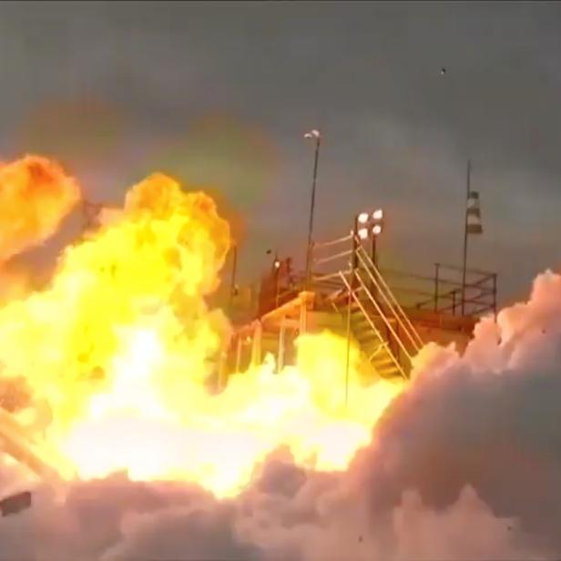 An explosion is seen as the MOMO-2 rocket, made by Japanese company Interstellar Technologies, crashes moments after lifting off in Hokkaido