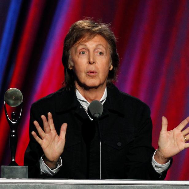 FILE PHOTO - Paul McCartney speaks as he inducts Ringo Starr during the 2015 Rock and Roll Hall of Fame Induction Ceremony in Cleveland