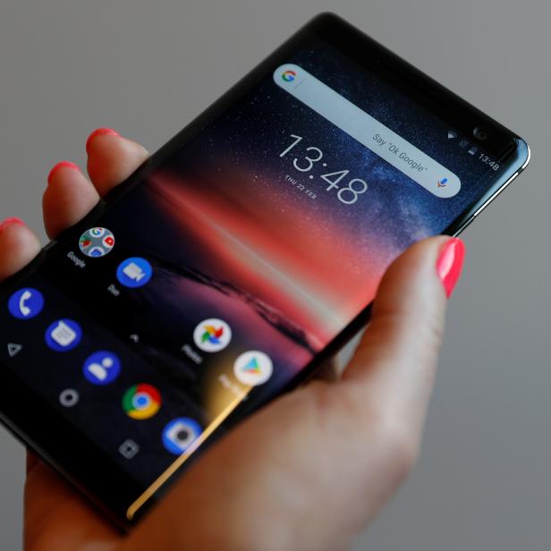 The Nokia 8 Sirocco Android smartphone is seen at a pre-launch event in London