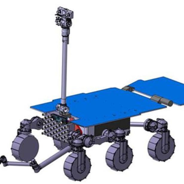 Ein schematisches Modell eines Marsrovers mit sechs Rädern und Solarpaneelen.