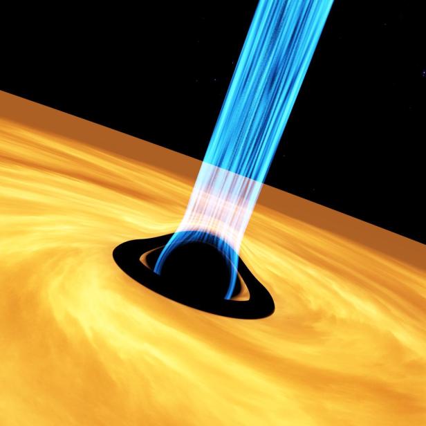 Ein schwarzes Loch mit einem blauen Jetstrahl, umgeben von einer orangefarbenen Akkretionsscheibe.