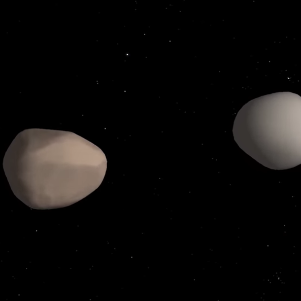 Zwei unregelmäßig geformte Monde schweben im Weltraum vor einem Sternenhintergrund.