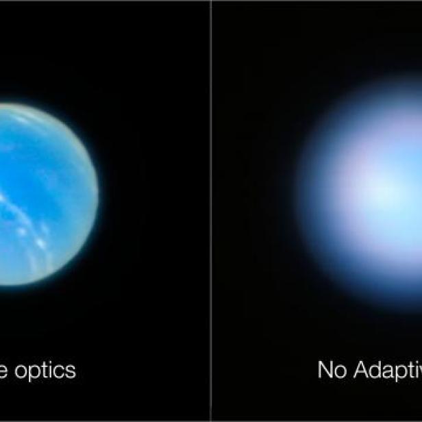 Ein Vergleich von Neptun mit und ohne adaptiver Optik.
