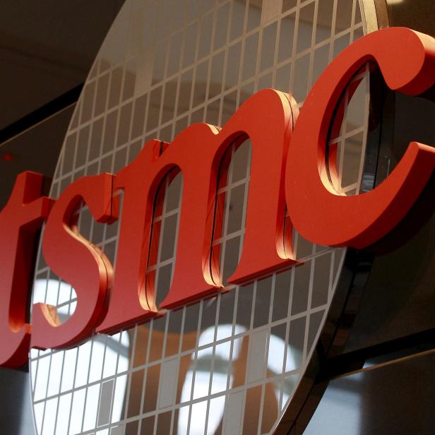 The logo of Taiwan Semiconductor Manufacturing Co Ltd (TSMC) is seen at its headquarters in Hsinchu