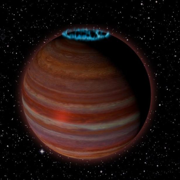 Ein gestreifter Planet mit einem blauen Aurora-ähnlichen Phänomen vor einem Sternenhintergrund.