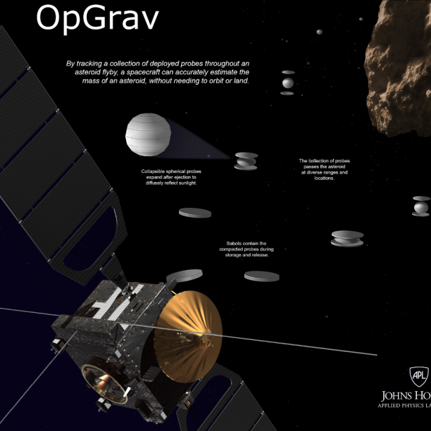 Eine Raumsonde mit entfalteten Sonden nähert sich einem Asteroiden, um dessen Masse zu bestimmen.