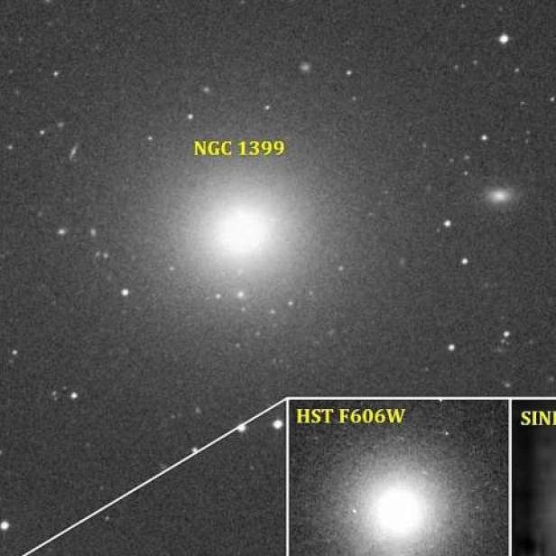 Die elliptische Galaxie NGC 1399, aufgenommen mit verschiedenen Instrumenten.