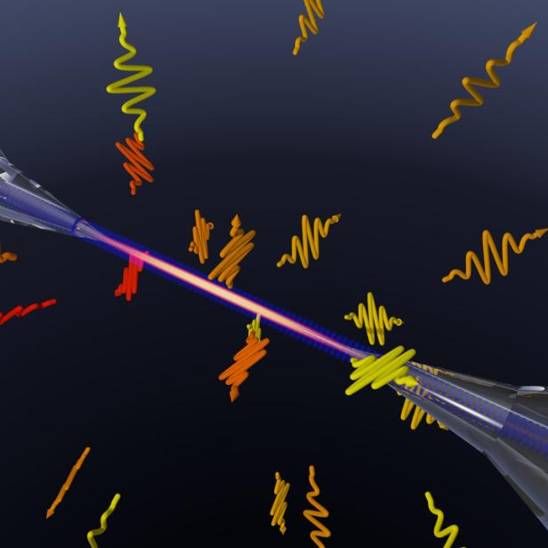 Eine schematische Darstellung eines Lasers, der durch zwei Glasfasern geleitet wird.