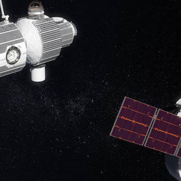 Mehrere Raumschiffe und die Mondoberfläche im Weltraum.