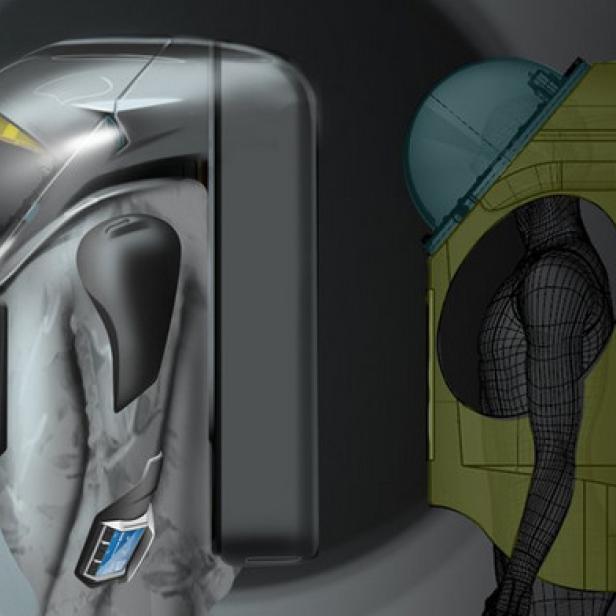 Zwei futuristische Raumanzug-Designs im Profil.