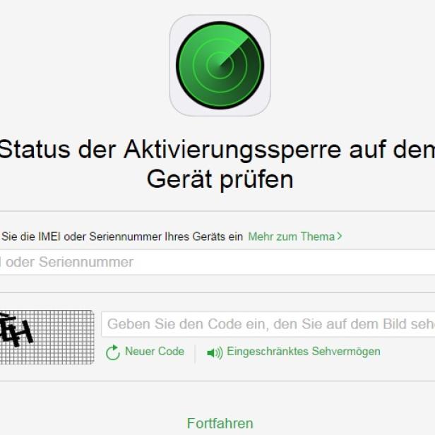 Ein Bildschirm zur Überprüfung des Aktivierungsstatus eines Geräts mit Eingabefeldern für IMEI und Code.