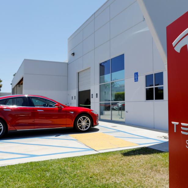 FILE PHOTO: A Tesla sales and service center is shown in Costa Mesa, California