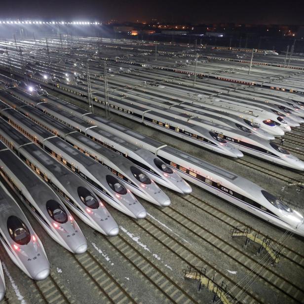 China Railway High-speed Harmony bullet trains are seen at a high-speed train maintenance base, as the Spring Festival travel rush begins, in Wuhan