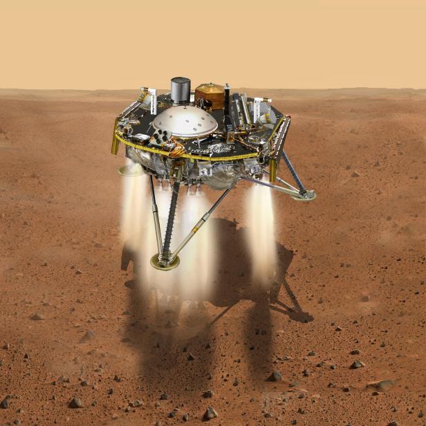 Künstlerische Darstellung von InSight bei der Landung am Mars