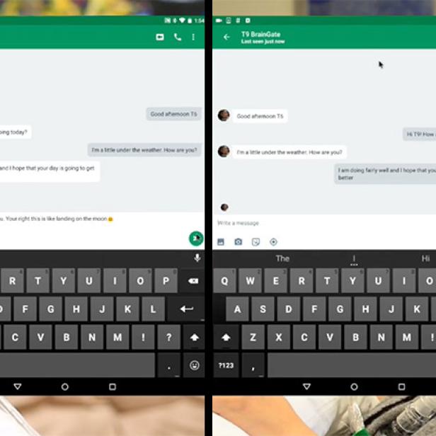 Zwei Personen nutzen Brain-Computer-Schnittstellen, um über eine Messaging-App zu kommunizieren.