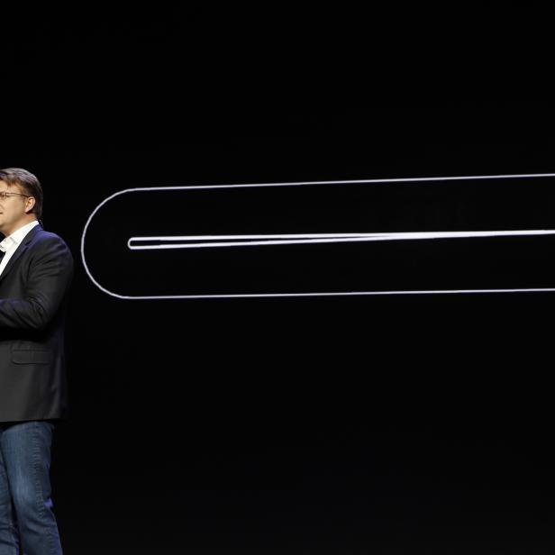 Justin Denison, Samsung Electronics senior vice president of Mobile Product Marketing, speaks during the unveiling of Samsung's new foldable screen smart phone, during the Samsung Developers Conference in San Francisco