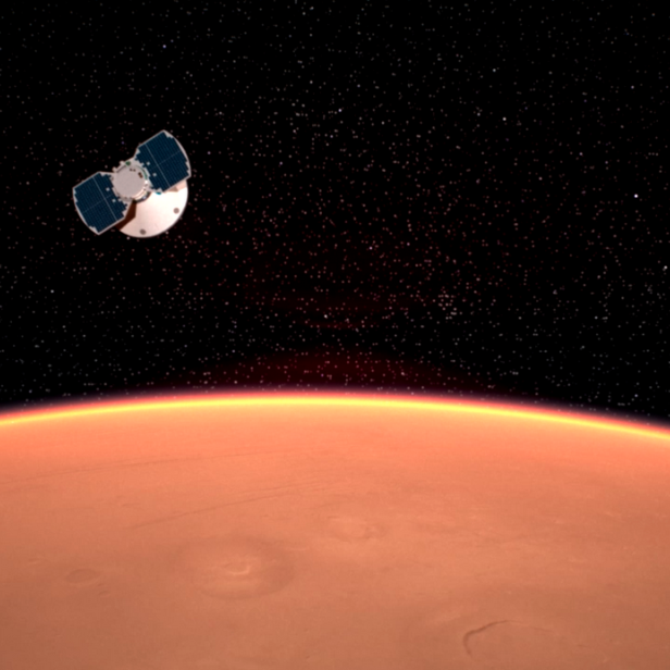 Ein Satellit umkreist den roten Planeten Mars vor einem Sternenhimmel.
