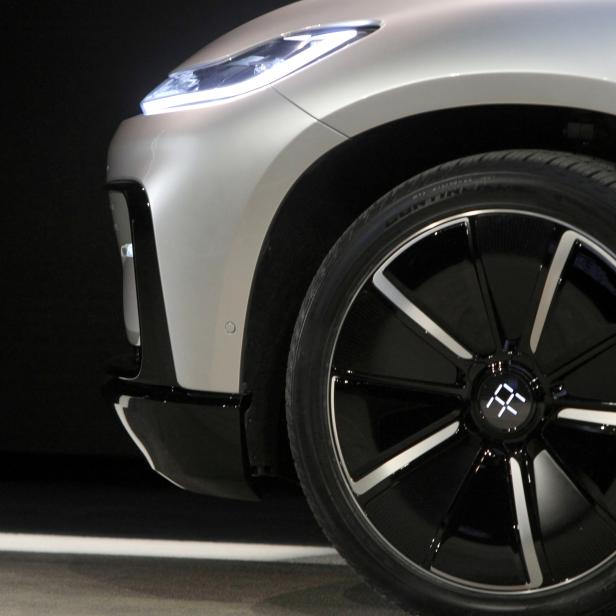 FILE PHOTO: The front of a Faraday Future FF 91 electric car is shown during an unveiling event at CES in Las Vegas