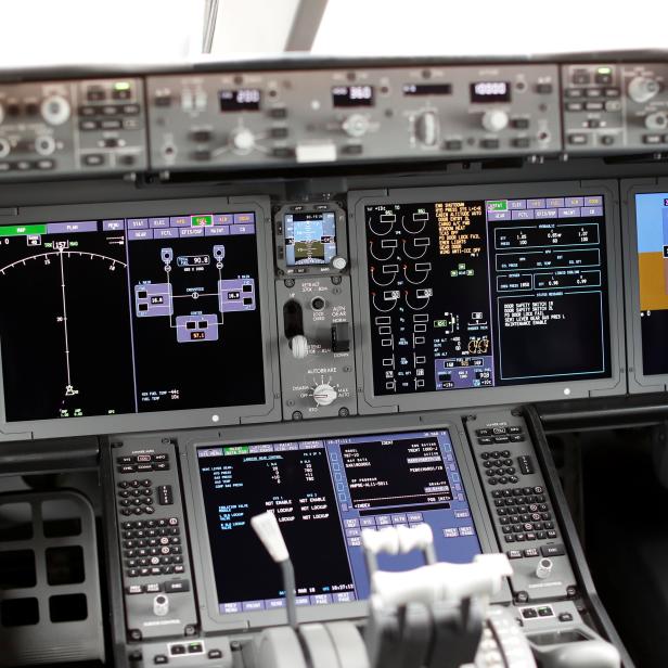 Details of the cockpit of a Singapore Airlines' Boeing 787-10 Dreamliner are pictured after a delivery ceremony at the Boeing South Carolina plant in North Charleston