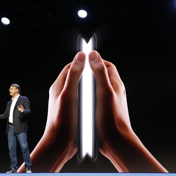 Justin Denison, Samsung Electronics senior vice president of Mobile Product Marketing, speaks during the unveiling of Samsung's new foldable screen smart phone, during the Samsung Developers Conference in San Francisco