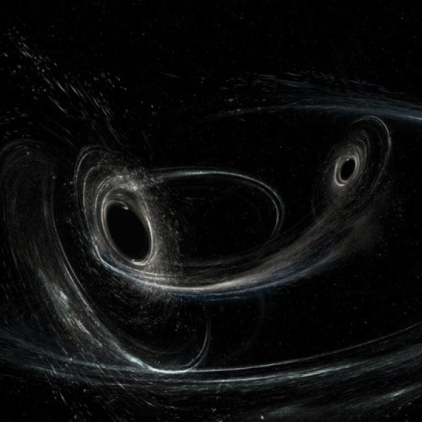 Eine künstlerische Darstellung von zwei verschmelzenden schwarzen Löchern.