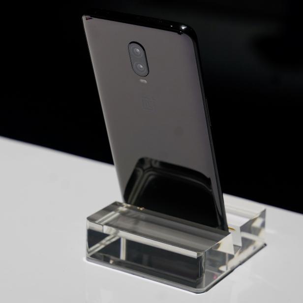 A OnePlus 6T pictured during a launch event for the new OnePlus 6T in the Manhattan borough of New York