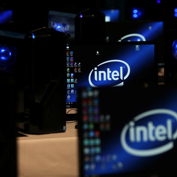 The Intel logo is displayed on computer screens at SIGGRAPH 2017