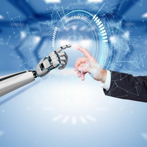 Businessman Robot Hands Connection HUD Network