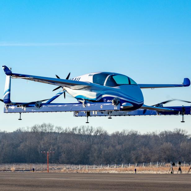 Handout photo of Boeing's Autonomous Passenger Air Vehicle (PAV) prototype during an inaugural test flight, in Manassas