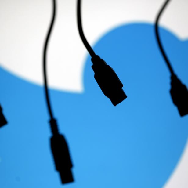 Electronic cables are silhouetted next to the logo of Twitter in this illustration photo in Sarajevo