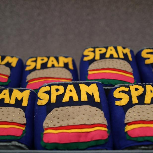 Spam cans made from felt are seen at the art installation of British artist Lucy Sparrow, 32, in Los Angeles